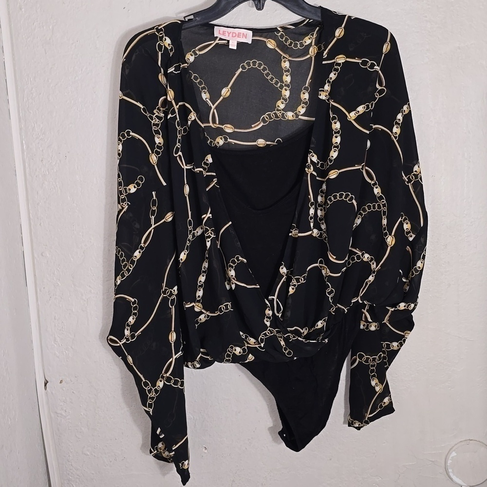 Leyden Womens Large Black Chain Print Long Sleeve Snap Bodysuit - Picture 6 of 10
